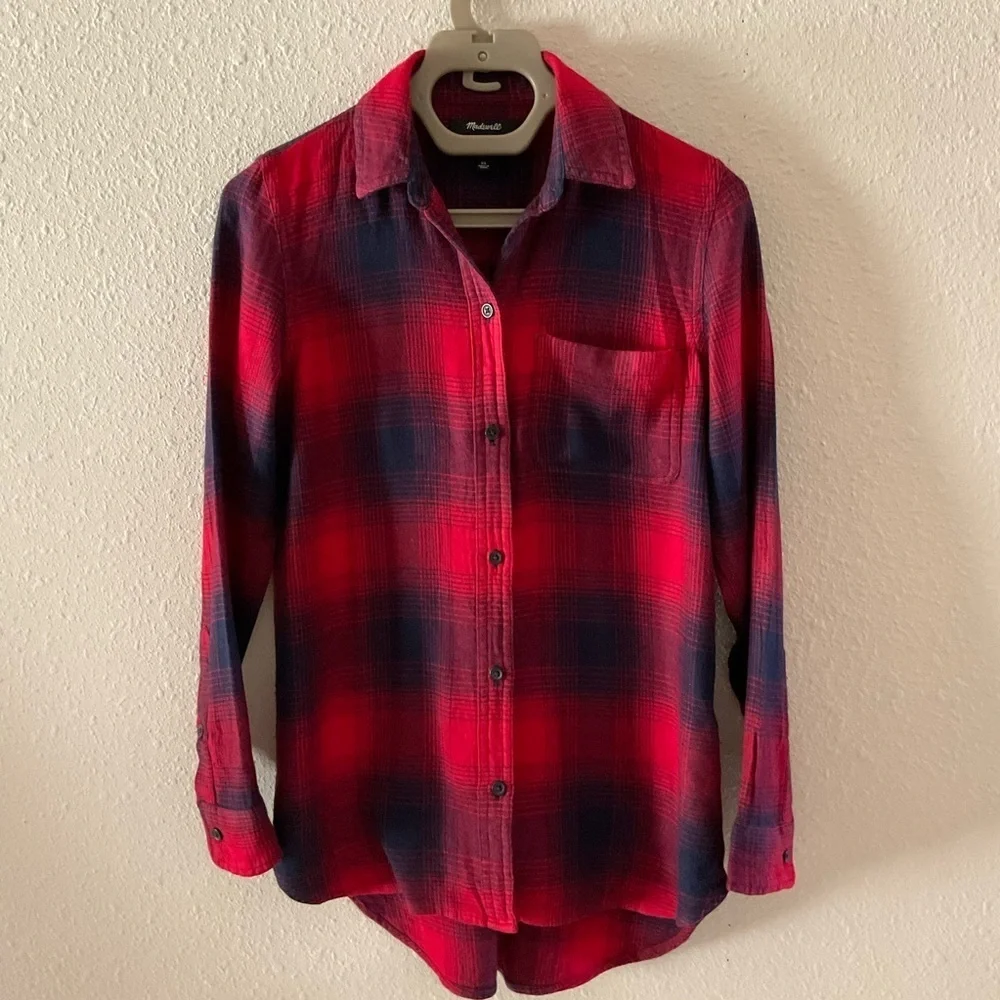 Madewell Classic Ex-Boyfriend Flannel Shirt Red/Blue Wilder Plaid Women’s Sz XS - Picture 1 of 14